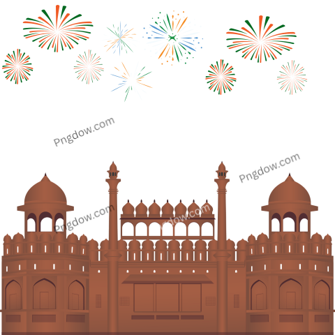 Fireworks light up the sky over a building with a tower on 15 August