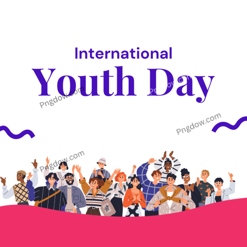 Poster for International Youth Day featuring diverse individuals joyfully waving, symbolizing unity and celebration of youth