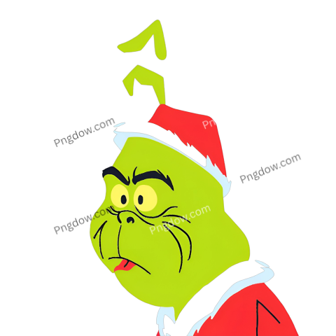 cheerful Grinch wearing a green hat and a red scarf, showcasing a playful grin in a PNG format