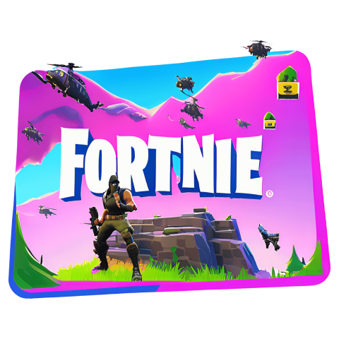 A vibrant Fortnite themed mouse pad featuring iconic characters and elements from the popular video game