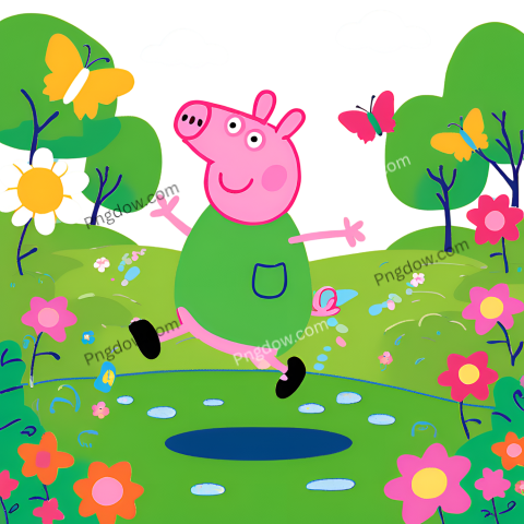 Peppa Pig joyfully runs through green grass, surrounded by colorful butterflies and blooming flowers