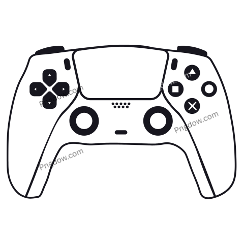 A black and white illustration of a video game controller, featuring a design reminiscent of a PS5 controller