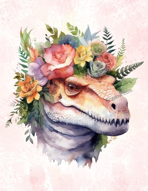 A digital art painting of a t rex with a flower crown